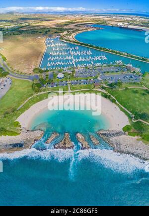 An aerial view of Ko Olina lagoon #4 and beach, Barbers Point Harbor and Malakole Harbor on the West Side of Oahu, Hawaii. Stock Photo
