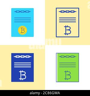 Smart contract icon set in flat and line style. Blockchain technology concept. Agreement page with chain symbol. Vector illustration. Stock Vector
