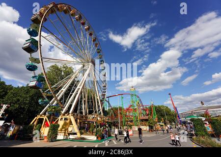 Dortmund, Germany, July 21, 2020: The temporary pop-up amusement park 'funDOmio' was opened on June 25, 2020 at the exhibition center around Dortmund's Westfalenhalle. The showmen want to compensate a little for the bitter losses caused by the corona-related closings of the fairs. The amusement park is open until August 11th, 2020. Stock Photo