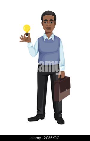 African American business man having a good idea. Cheerful handsome businessman cartoon character. Vector illustration Stock Vector