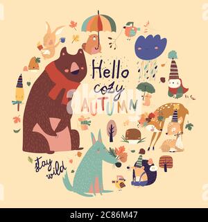 Set of cute animals with autumn elements. Hello autumn Stock Vector