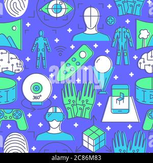 Colored virtual reality seamless pattern in line style. Modern computer technology symbols background. Vector illustration. Stock Vector
