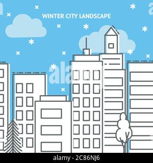 Winter city card template in thin line style. Vector illustration with houses, trees and snow on city street. Stock Vector
