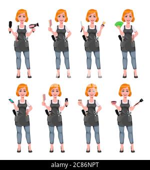 Beautiful redhead girl hairdresser, set of eight poses. Cute woman barber. Female hairstylist cartoon character. Vector illustration Stock Vector