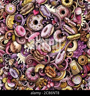 Cartoon cute doodles Donuts seamless pattern. Colorful detailed, with ...