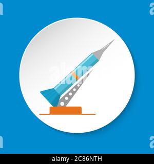 Rocket and launch pad icon in flat style on round button. Spaceship symbol isolated on white background Stock Vector