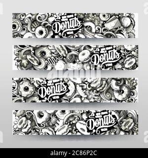 Cartoon graphics monochrome vector hand drawn doodles Donuts id cards design Stock Vector