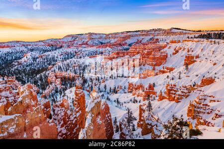 Winter Bryce Canyon Sunset, Utah, USA. Stock Photo