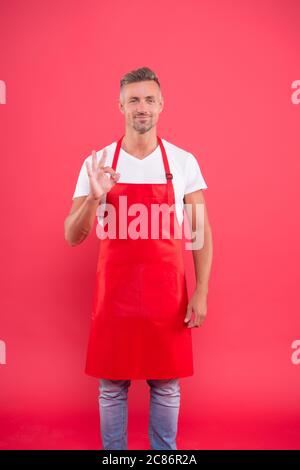 Hospitality staff. Barista handsome worker. Man cook wear apron. Mature  barista. Restaurant staff. Hipster professional barista apron uniform.  Waiter or bartender. Cafe bar barista job position Stock Photo - Alamy