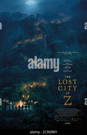 The Lost City of Z (2016) directed by James Gray and starring Charlie Hunnam, Robert Pattinson, Sienna Miller and Tom Holland. True story of British explorer Percy Fawcett who disappeared in 1925 during an expedition to find Z, his name for an ancient lost city in the jungles of Brazil. Stock Photo