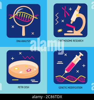 Genetic testing and research icons in flat style. DNA analysis and gene test symbols isolated. Medical illustration. Stock Vector