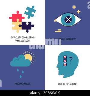 Set of Alzheimer s disease symptoms icons isolated. Seniors health concept symbols in flat style. Difficulty completing familiar tasks, mood changes, Stock Vector