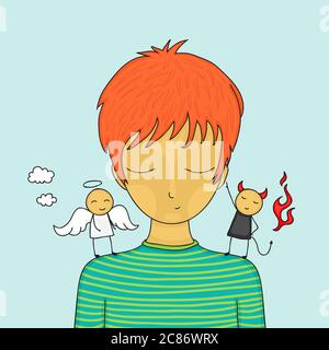 Cartoon boy in doubt with small angel and devil on his shoulders trying to influence him. Stock Photo