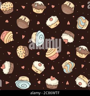 Seamless pattern with smiling kawaii style muffins on a chocolate brown background with pink hearts and dots Stock Photo