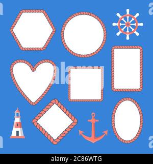 Collection of nautical rope frames and marine symbols - anchor, lighthouse, steering wheel. Stock Vector