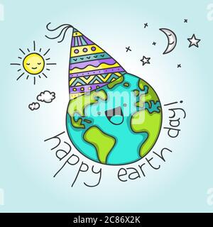 Cute card for April 22 with cartoon Earth saying Happy Earth Day Stock Photo