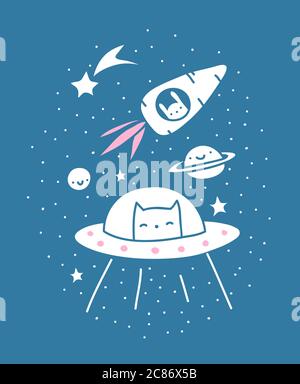Cute illustration of a cat in a spaceship with a bunny in a carrot shaped rocket in the background. Stock Photo