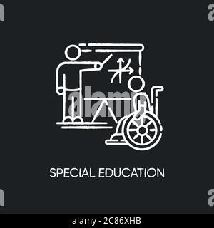Special education chalk white icon on black background. Inclusive education. Conditions for disabled people. Student in wheelchair and personal teache Stock Vector