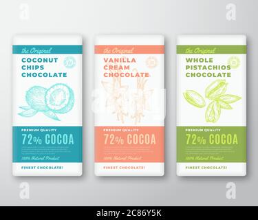 The Original Finest Cocoa Chocolate Bar Abstract Vector Packaging Design Labels Set. Typography and Coconuts, Vanilla Flower and Pistachio Nuts Sketch Stock Vector