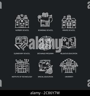 Academic education chalk white icons set on black background. Public and private school services. Inclusive education and student exchange programs. I Stock Vector