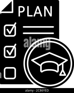 Syllabus black glyph icon. University courses list. Educational plan and programs. University life. Academic transcript. Silhouette symbol on white sp Stock Vector