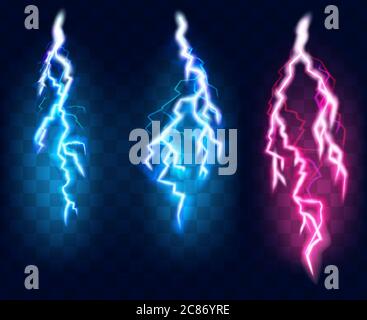 Flashes of lightning set, isolated on transparent background. Thunderstorm electric bolts collection, vector illustration in realistic style Stock Vector