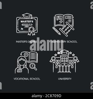 Primary and higher education chalk white icons set on black background. Masters degree, elementary school, university and vocational school. Isolated Stock Vector