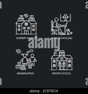 Academic studying chalk white icons set on black background. Nursery school, kindergarten and home schooling. Private elementary and secondary educati Stock Vector