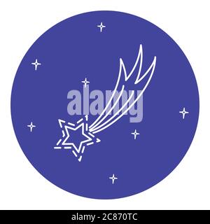 Comet icon in thin line style. Shooting star symbol in round frame. Meteorite pictogram isolated on blue background. Stock Vector