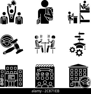 University life black glyph icons set on white space. Freshmen life and activities. College education. Students residence hall. Silhouette symbols. Ve Stock Vector