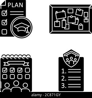 Student activities black glyph icons set on white space. Educational plan. Flatmates agreement. University entertainment. College events. Silhouette s Stock Vector