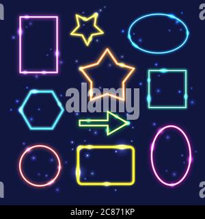 Collection of colorful neon frames with space for text. Set of transparent electric light borders isolated on dark background. Stock Vector
