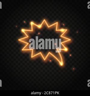 Neon orange explosion speech bubble with space for text. Abstract electric light frame isolated on dark background. Stock Vector