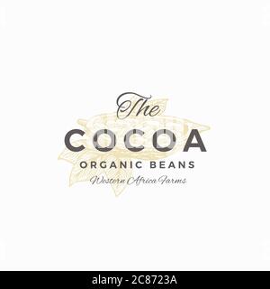 The Cocoa Organic Beans Abstract Vector Sign, Symbol or Logo Template. Elegant Cacao Bean Half Sillhouette with Leaves and Retro Typography. Vintage Stock Vector