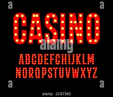 Red letters with light bulbs. Tall and narrow alphabet. Font for cinema casino poster, carnival and festival decoration, gambling night club logos Stock Vector