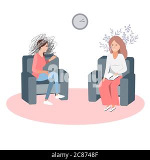 Gestalt psychotherapy session vector illustration. Woman psychologist and talking woman patient. Work with feelings and emotions, society psychiatry Stock Vector