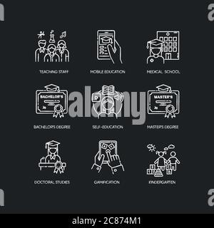Modern education chalk white icons set on black background. E learning, professional teachers and higher education opportunities. Acquiring knowledge. Stock Vector
