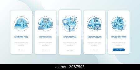 Holistay ideas onboarding mobile app page screen with concepts. Backyard pool. Amusement park. Walkthrough 5 steps graphic instructions. UI vector tem Stock Vector
