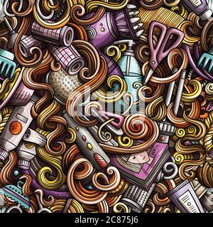 Cartoon doodles hand drawn Hair salon seamless pattern Stock Vector