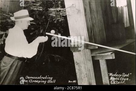 Gravity illusion at 'The Mystery Spot', Santa Cruz, California - the ball appears to be rolling UP the sloping plank Stock Photo