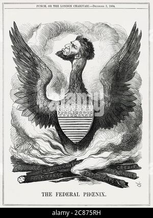 Cartoon, The Federal Phoenix -- Abraham Lincoln portrayed as a phoenix rising from the flames as he is re-elected President. Stock Photo