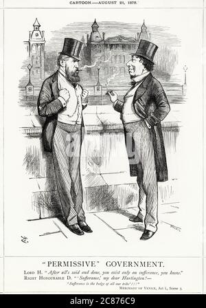 Cartoon, Permissive Government -- a conversation between Lord Hartington, new leader of the Liberal Party (in opposition), and Benjamin Disraeli, Conservative Prime Minister. Hartington suggests that Disraeli's government is rather weak, and only exists on sufferance. In reply, Disraeli quotes Shylock's words from The Merchant of Venice: 'Sufferance is the badge of all our tribe' -- a direct and somewhat gratuitous reference to his Jewish ancestry. Stock Photo