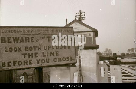 Billing Signal Box & Sign (London & North Western Railway), Great Billing, Northampton, Northamptonshire, England. Stock Photo