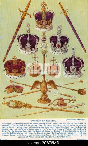 State regalia kept at the Tower of London including St. Edward's crown, the Imperial State Crown, the Sword of State, orb, sceptre, anointing spoon and mace. Stock Photo