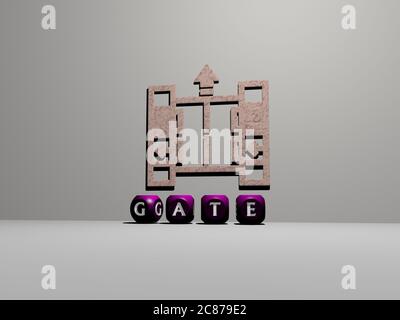 3D representation of gate with icon on the wall and text arranged by metallic cubic letters on a mirror floor for concept meaning and slideshow presentation. architecture and building Stock Photo