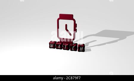 3D representation of watch with icon on the wall and text arranged by metallic cubic letters on a mirror floor for concept meaning and slideshow presentation. illustration and clock Stock Photo