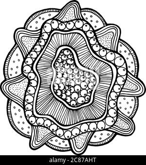 Sea mandala flower with pearl in shell. Ocean floral coloring page for adult coloring book. Abstract isolated vector art. Stock Vector