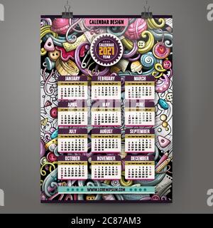 Cartoon colorful hand drawn doodles Handmade 2021 year calendar Stock Vector