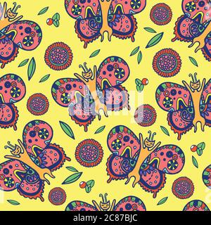 Butterfly cat fly in leaf, flower and berry on yellow background. Summer psychedelic funny cartoon illustration. Hand drawn vector seamless pattern fo Stock Vector