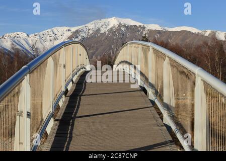 Lake Tekapo footbridge in winter conditions Stock Photo